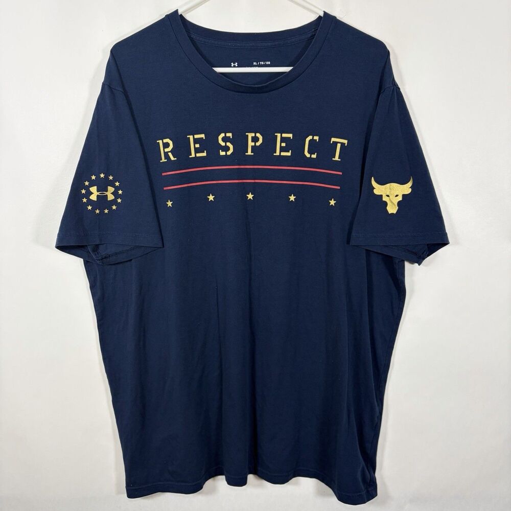 Under Armour Project Rock Respect T Shirt Mens Size XL Navy Blue Gold Graphics